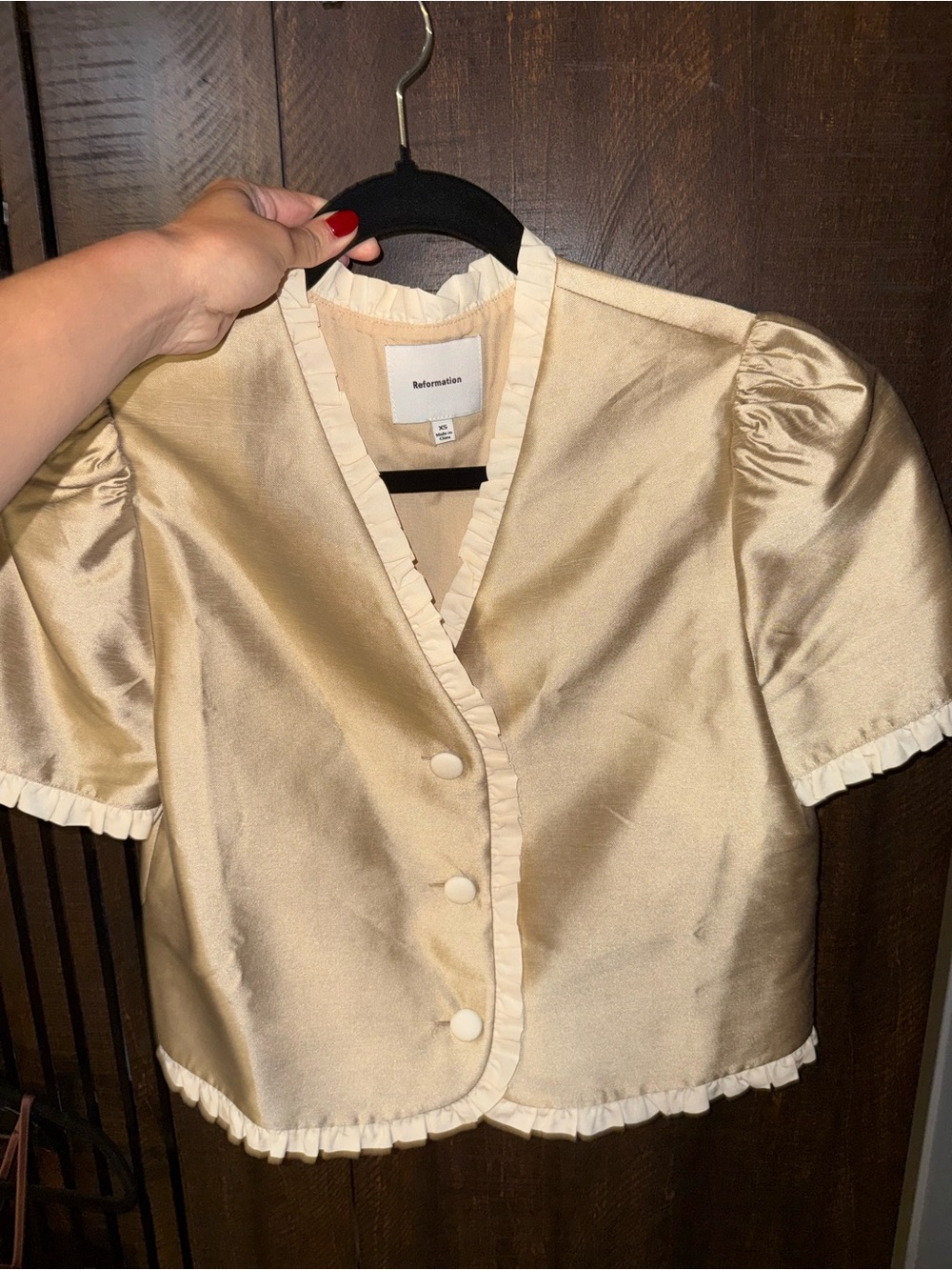 Reformation Champagne Satin Ruffle-Trim Women Blouse